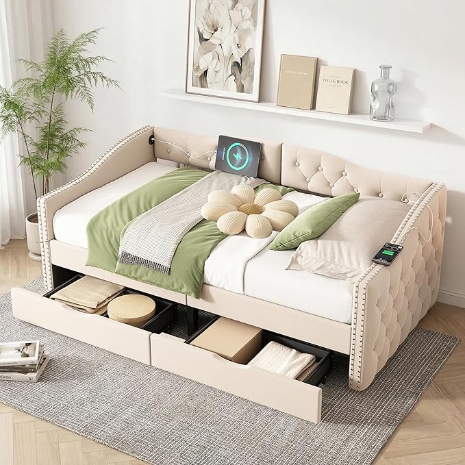 Twin Daybed with Storage Drawers Twin Size Velvet Upholstered Sofa Bed Frame w/USB Port Button Tufted Backrest and Nailhead Daybeds for Living Room Bedroom No Box Spring Needed (Beige)