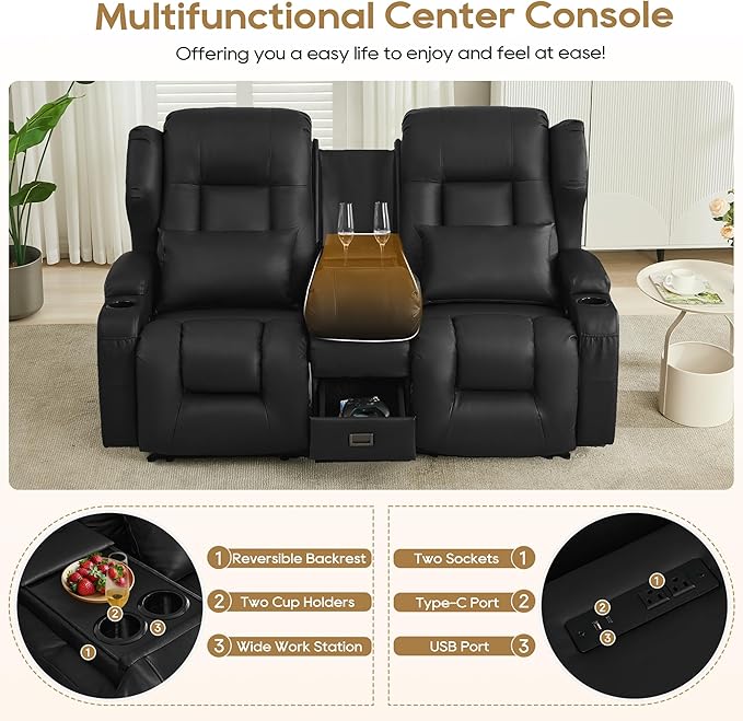 DRMBOOK RV Loveseat Recliner Sofa Double Wall Hugger Reclining Couches Manual Reclinable Movie Seating 2 Person Recliner for Travel Trailer (Leather Black 2 Seater with Reversible Console)