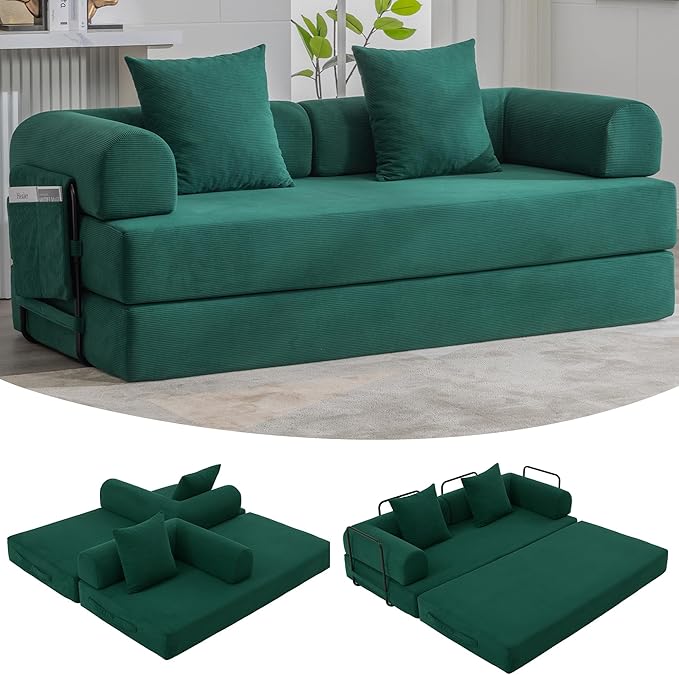 Convertible Sleeper Sofa Bed 78.5 Folding Floor Sofa Mattress Couch with Pillows Corduroy Futon Boneless Couch Lounge Loveseat with Pull Out Bed Emerald Green