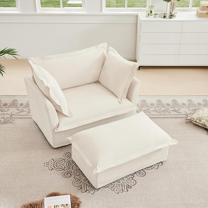healthomse Chenille Fabric Slipcovered Armchair with Wide Ottoman Deep Seat Living Room Chair Set with 2 Large Soft Pillows (2-Piece) (Cream)