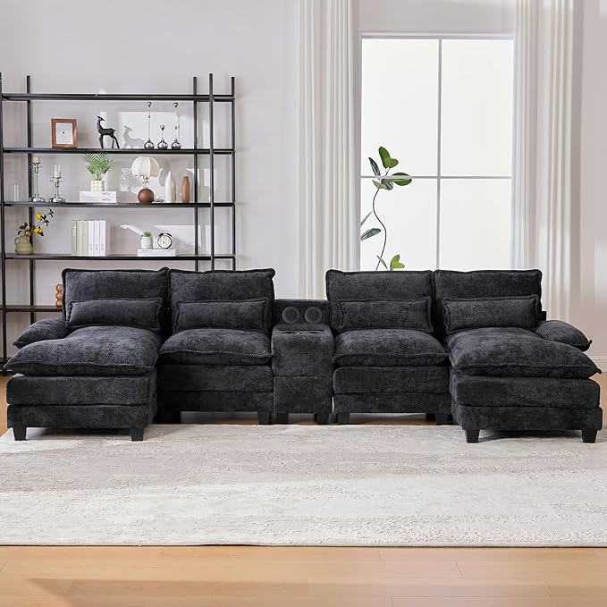 126 Modular Sectional Sofa with Storage Console Cloud Couch Chenille U-Shaped Sofa Cup Holders &amp Wireless Charger Memory Foam Double Chaise for Living Room Office Black