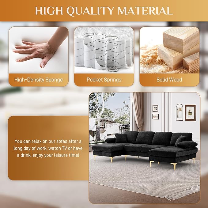 OUYESSIR 112 Cloud Sectional Sofa with Extra Deep SeatU Shaped Sectional Couches for Living Room4 Seater Chenille Sofas &amp CouchesModern Apartment Couch with Double Chaise Lounge Black
