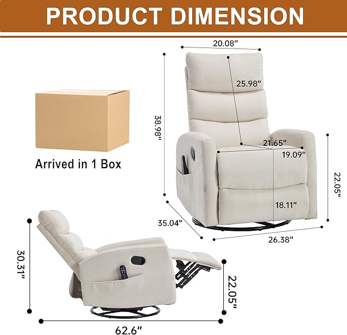 Manual Swivel Rocker Recliner Chair for Adults Overstuffed Glider Chair for Nursing with Vibration Massage &amp Heat Living Room Rocking Recliner 3-Stage backrest Chenille Fabric Beige