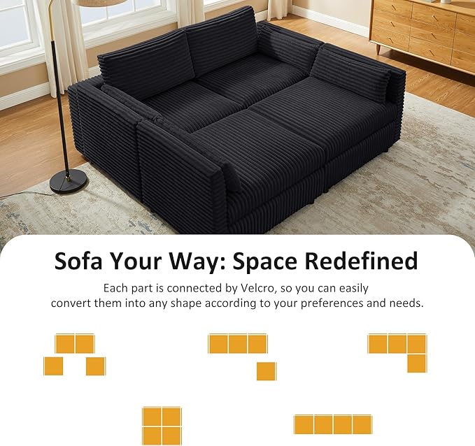 VANOMi 82 Modular Sectional Sofa Bed with Storage Ottomans Convertible Comfy 4-Seater Corduroy Cloud Couch Modern Sleeper Chaise for Living Room (Black Sleeper Bed-3)