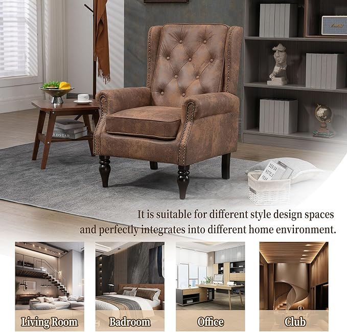 Coffee Microsuede Accent Chair Mid-Century Modern Living Room Chairs with Wingback Comfy Upholstered High Back Single Sofa Bedroom Reading Armchair with Solid Wood LegsEasy Assemble (Coffee)