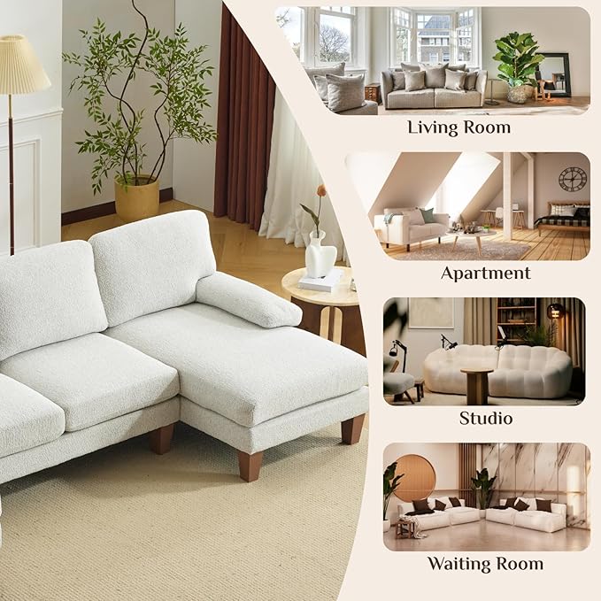 Karl home 110 U-Shape Sectional Couches for Living Room Chenille Upholstery 4 Seat Sofa Set with Double Chaises &amp Wood Grain Legs for Apartment White