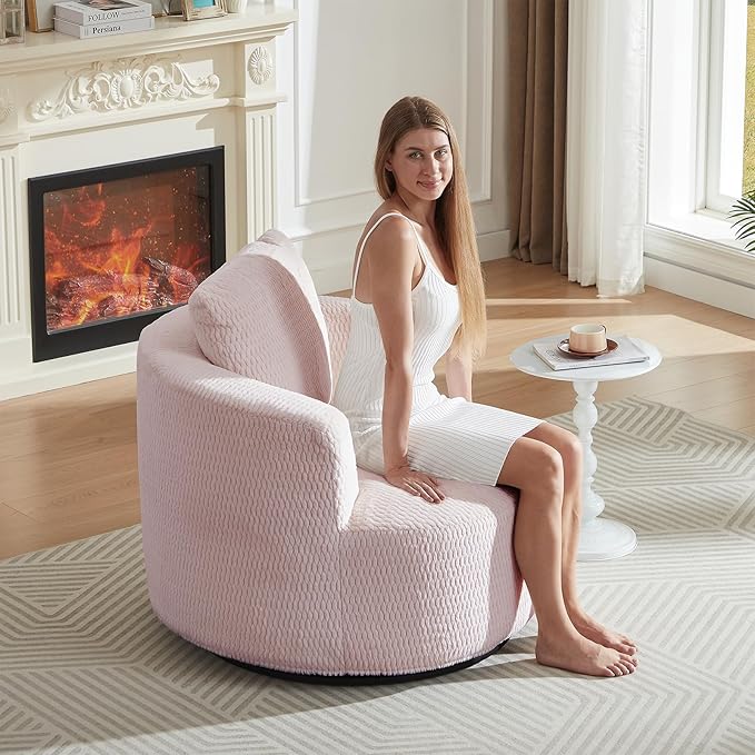 Swivel Accent Barrel Chair 360 Degree Faux Fur Comfy Round Swivel Chair with Pillow Modern Lounge Reading Armchair Upholstered Cozy Sofa Chairs for Living Room Bedroom Apartment Offices(Pink)