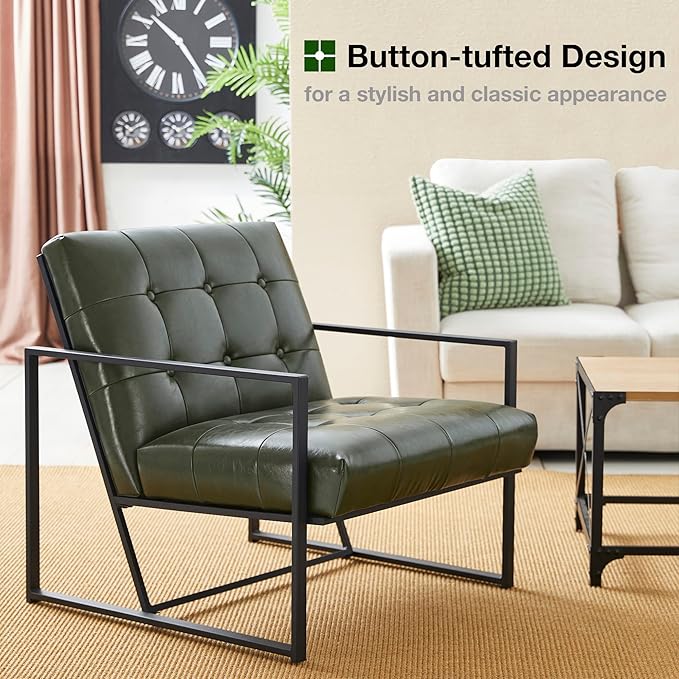 Glitzhome Mid Century Green Accent Chair Modern Living Room Armchairs with Durable Metal FramePU Leather Cushioned Reading Armchairs for Living Room Bedroom Home Office Green