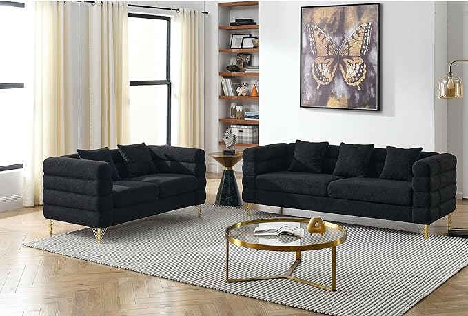 Antetek 81-inch Couches + 60-inch Loveseat Sofa for Living Room Modern Teddy Fabric Upholstered Sofa Couch with Square Arm and 4 Golden Metal Legs for Living Room Office Apartment