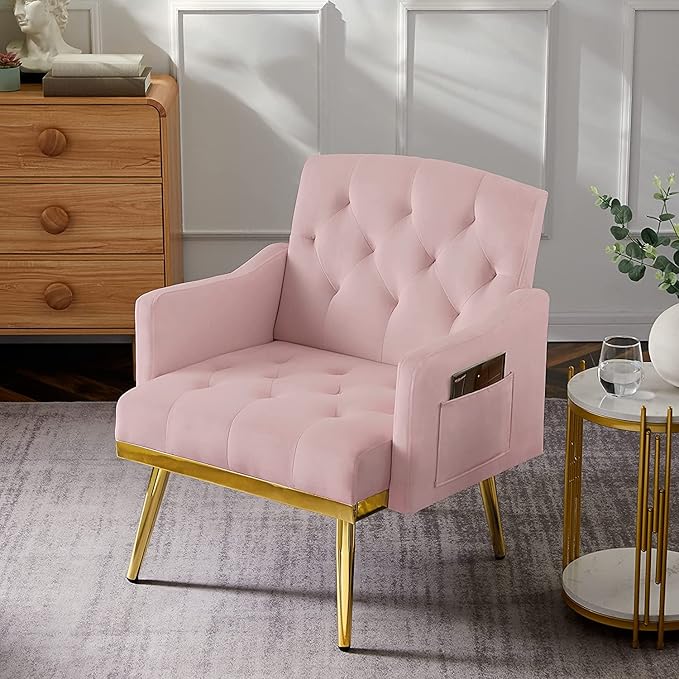 Velvet Tufted Accent ChairModern Upholstered Accent Living Room ChairComfy Armchair with Rose Golden Metal LegsTufted Singe Sofa Chair for Reading or Loungingfor Bedroom Office Decorative (Pink)