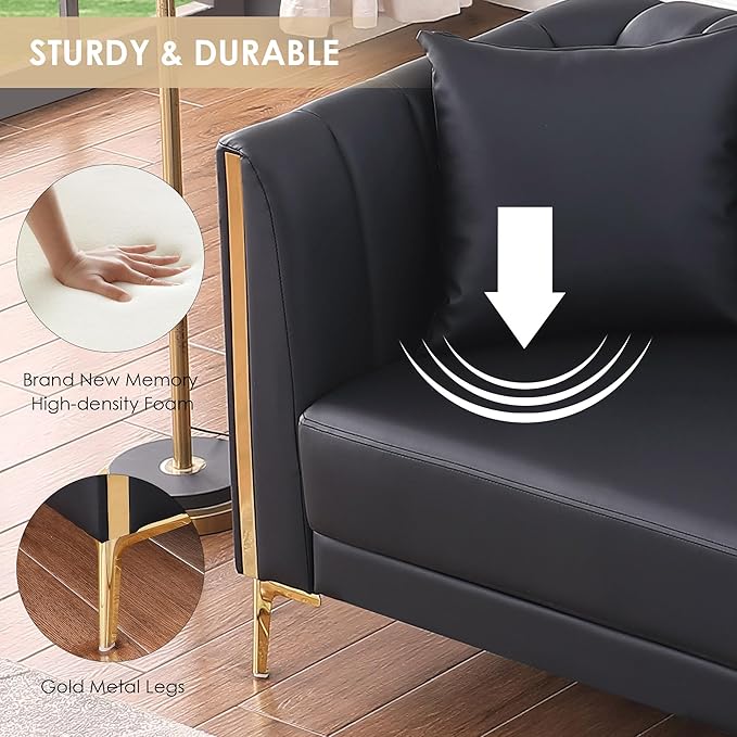 FOTOSOK Black Leather Couch Sofa Office Couches for Living Room 78'' Apartment Faux Leather Sofa with 2 Throw Pillows and Gold Metal Legs Waterproof 3 Seater Couches for Small Living Room
