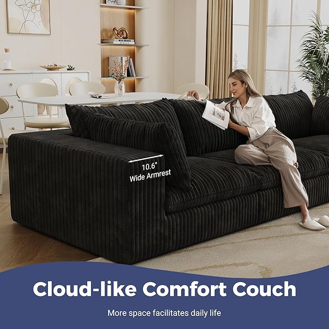 118.2 Modular Boneless Sofa 3 Seater Cloud Sectional Couches for Living Room Deep Seat Corduroy Upholstered Couch Furniture Set No Assembly Required (Black 3 Seater)