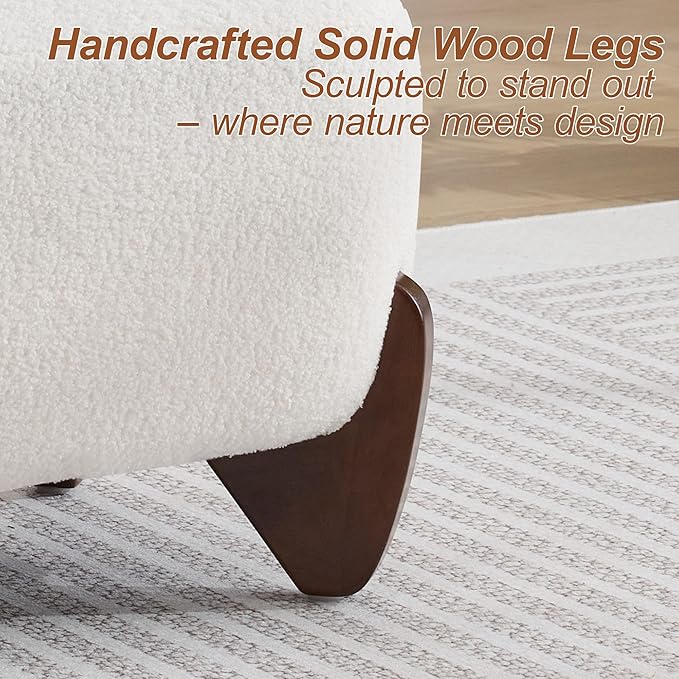 28.7 Sherpa Boucle Ottoman with Solid Wood Legs Modern Upholstered Footstool Comfy Ottoman for Living Room Bedroom White