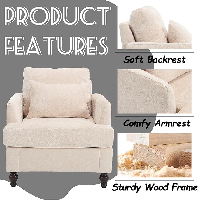 Oversized Accent Chair with Lumbar Pillow Upholstered Side Chairs for Living Room Bedroom Comfy Reading Chairs for Adults with Wide Seat Thick Cushion Soft Chenille (Beige)