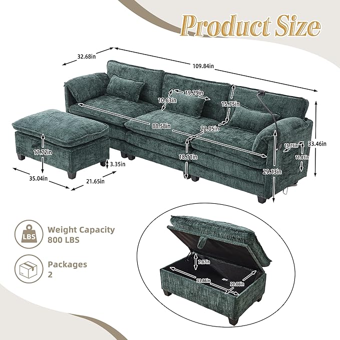 KEIKI 110 L-Shaped Boucle Modular Sectional Chenille Sofa with 1 Ottoman &amp Memory Foam Cushion &amp Phone Holder &amp USB Upholstered Oversized 4-Seater Couch Easy Assembly for Living Room
