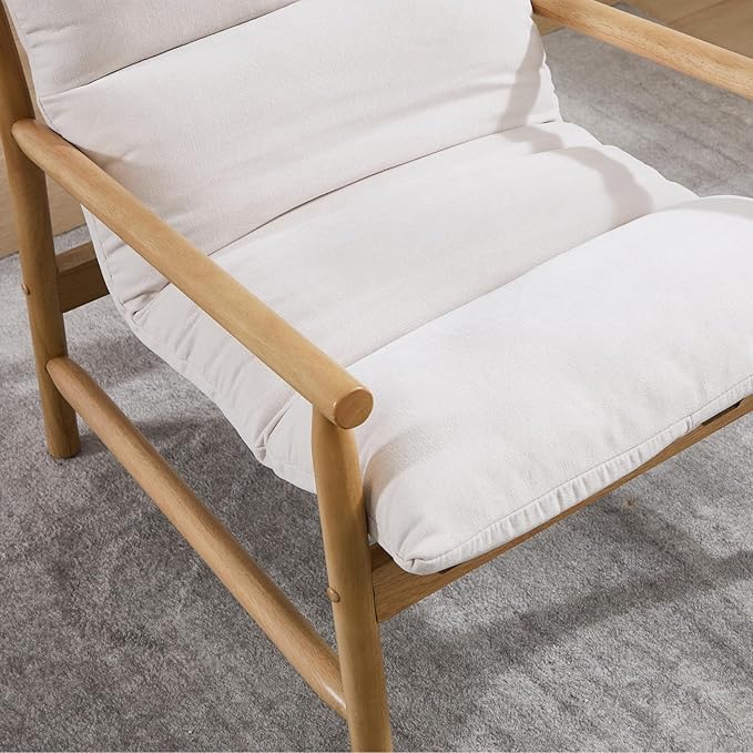 Modern Accent Chair Upholstered Armchair - Solid Wood Lounge Chair with Removable Cushion Low Back Reading Chair for Living Room/Bedroom/Balcony Chenille Sofa Chair (Easy Assembly)Off White