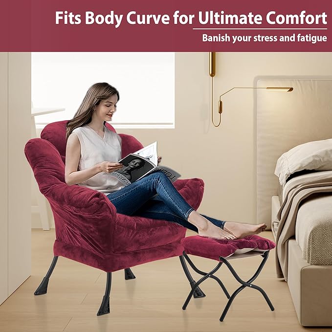 Lazy Chair with Folding Ottoman Accent Chair Plush Upholstered with Metal Structure and Non-Slip Pads Sofa Armchair with Footrest and Side Storage Bag for Dorm Room Office Rose Red