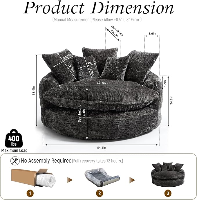 54 Oversized Round Chair Couch Lounge Chaise Indoor Comfy Boneless Sofa for Living Room Cloud Large Circle Couch Chair with 5 Pillows Fluffy Modern Sleeper Sofa Bed for Reading (Dark Grey)
