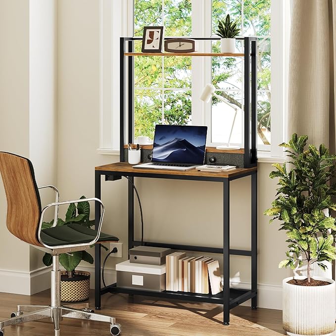 Computer Desk with Hutch and Drawers Home Office Desk with Power Outlets Gaming Desk with Monitor Stand and Wheels for Living Room Home Office Rustic Brown DN02UBR