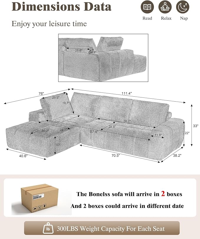 112 Boneless Cloud Modular Sectional Couch for Living Room Left Chaise L Shaped Sofa with Chaise | Faux Fur Fabric | Compressed Foam Sofa for Living Room | No Assembly (Dark Blue-Faux Fur Fabric)