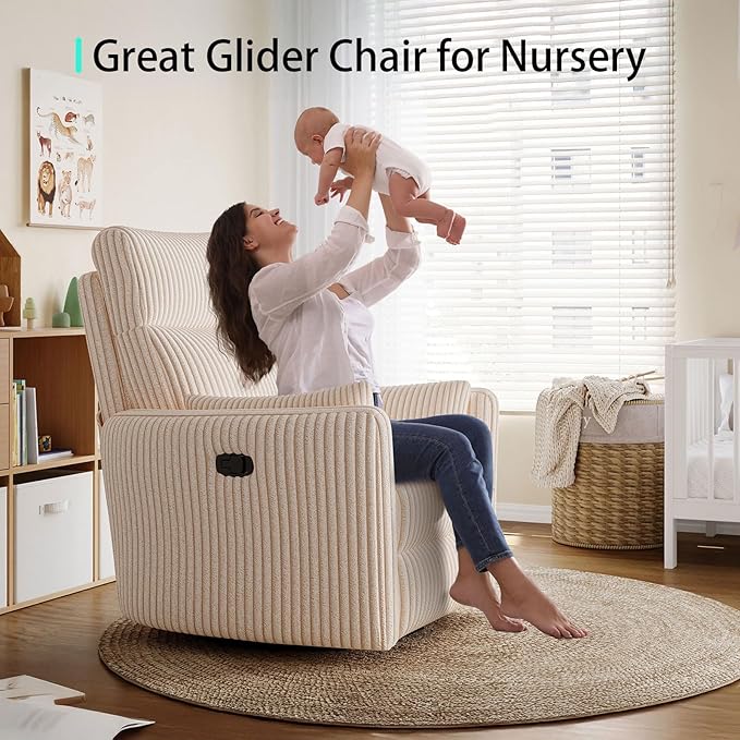 LINSY 360 Swivel Recliner Chair Nursery Glider Rocking Chair with 2 Pillows Corduroy Nursing Chair Comfy High Back Adult Rocker Recliner for Small Spaces Nursery Bedroom Living Room (Beige)