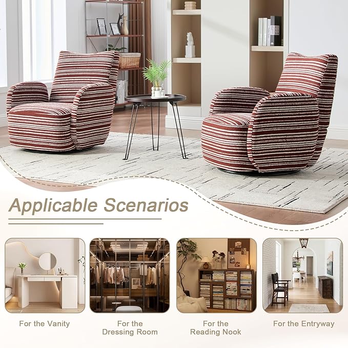 360° Swivel Accent Chair with Armrest Modern Striped Upholstered Lounge Chair Stable Round Base &amp Sturdy Metal Frame Armchair for Bedroom Living Room Office &amp Vanity (Oxblood)