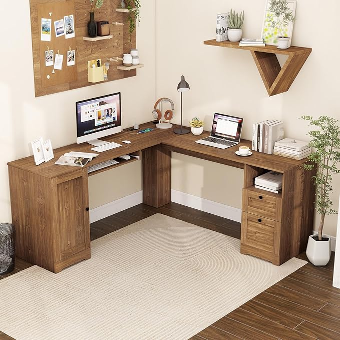 Tangkula 66” x 66” L-Shaped Office Desk with Power Outlets Modern Home Office Computer Desk with 2 Drawers Cabinet Adjustable Shelf &amp Keyboard Tray Corner Executive Desk for Working Writing