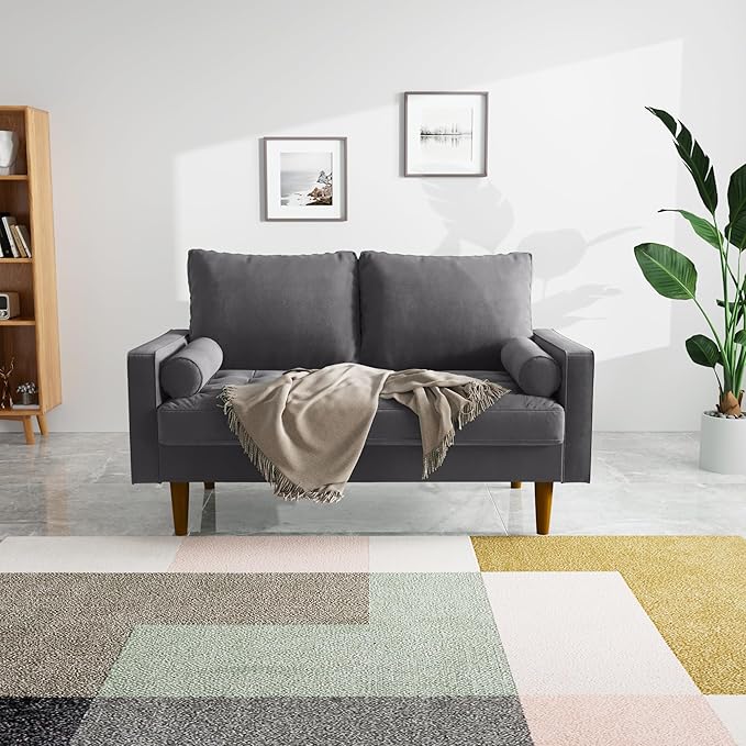 SILKIR Velvet Loveseat Sofa Love Seats Furniture for Small Spaces Mid-Century Modern Loveseats for Living Room Love Seat Couch 58 Inches Grey