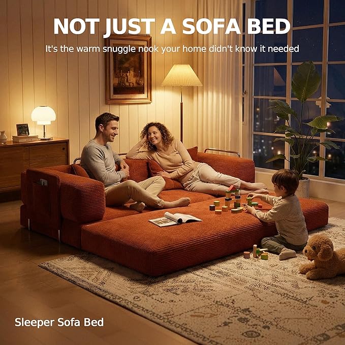 MoonSpeak 78.8''Sleeper Couch Bed for LivingroomConvertible Modular Sofa with Armrest PillowModular Foldable Corduroy Couches in a BoxNo Assembly (Orange)