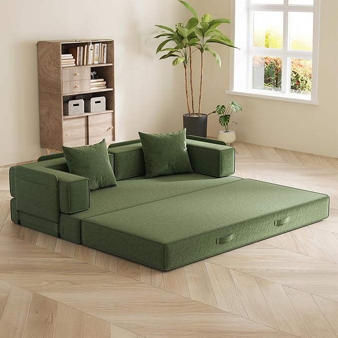 4-in-1 Convertible Sofa Bed 82“ Compression Sofa with Chenille Fabric Pull Out Sleeper Sofa with 2 Pillows &amp 4 Side Pockets for Living Room Bedroom Apartment No Assembly Required Green