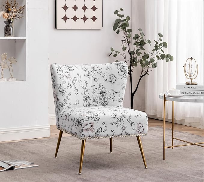 Thia Armless Accent Chair for Living Room Elegant Seat with Nailhead Trim Gold Metal Legs and Comfortable Curved Back 28 D x 25 W x 29.5 H 04 Floral Print
