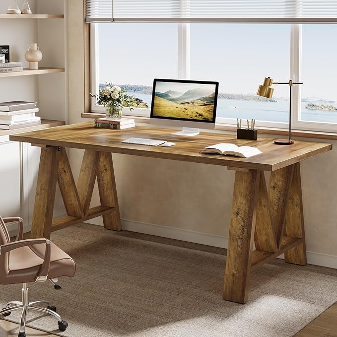 Tribesigns 63 Executive Desk Farmhouse Wooden Office Computer Desk Large Workstation Writing Table with Sturdy Legs for Home Office Brown