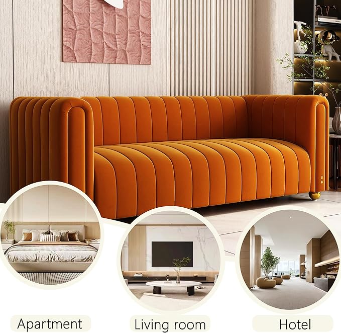81 Velvet ﻿Orange Couch Mid Century Modern Couches Tufted Sofa 3 Seater Velvet Sofas Loveseat Upholstered Couches with Metal Legs Suitable for Luxury Couch in Living Room