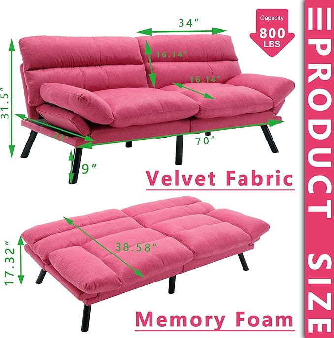 Anwick Modern Futon Couch Bed Sofa: Linen Fabric Quick Folding Armrest Space-Saving Convertible 2 Seater Loveseat for Living Room Bedroom Small Rooms Apartment (Pink) (Hot Pink)