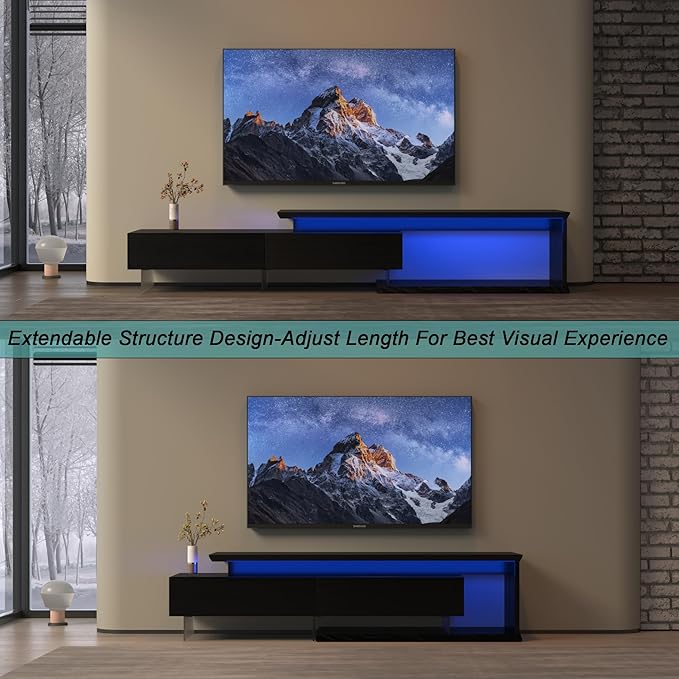 LED TV Stand for 55–90 Inch TVs Extendable Entertainment Center with LED Lights Modern TV Console with Storage Stylish Design TV Cabinet with 2 Pull-Down Doors Media Shelf for Living Room Black
