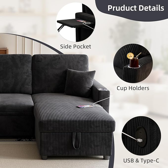L-Shape Sleeper Sofa with Pull-Out Couch Bed Storage &amp Ports Cup Holders Side Pockets &amp Side Table for Living Room Apartment Jet Black