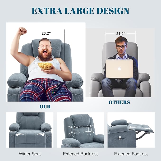 Swivel Rocker Recliner Chair with Heat and Massage Big Oversized Rocking Single Sofa for Living Room 360 Degree Swivel Recliner Chair with USB Port and Cup Holders (Fabric Blue)
