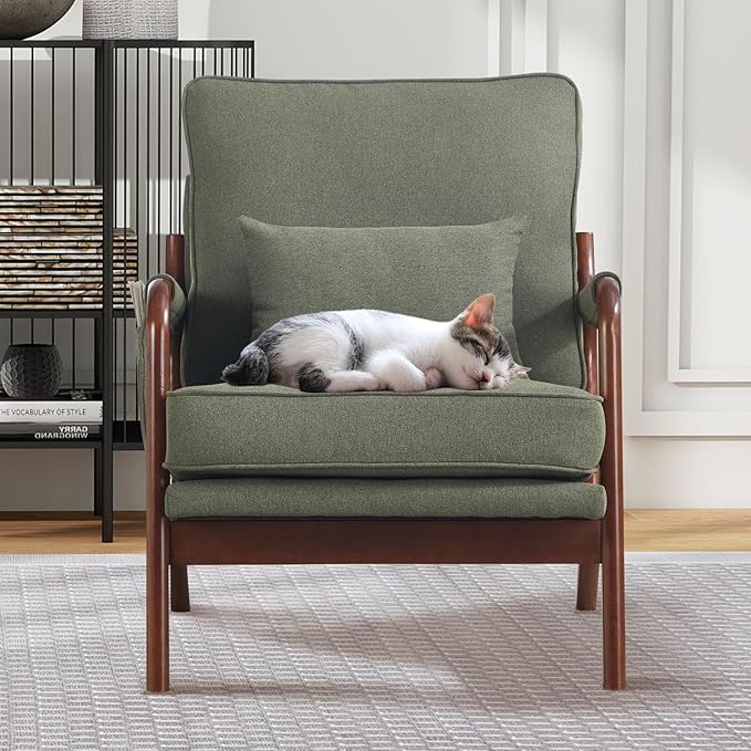 ANJ Mid Century Modern Accent Chair Set of 2 Lounge Reading Armchair with Extra Side Pocket &amp Detachable Cushion Comfy Fabric Accent Chairs for Living Room Bedroom Green