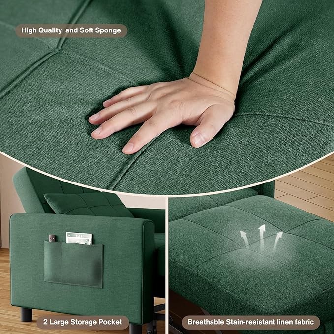Aiho Convertible Sleeper Chair with Pillow &amp Pocket 3-in-1 Sofa Bed in Modern Linen Fabric for Apartment Green