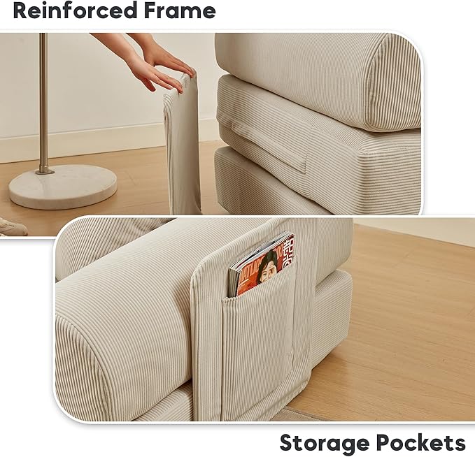 L Shaped Modular Sofa Bed with Cylindrical Pillow &amp Reversible Chaise Corduroy Folding Floor Convertible Sofa Couch Bed with Fixed-Shape Frame &amp Storage Pocket for Living Room Beige