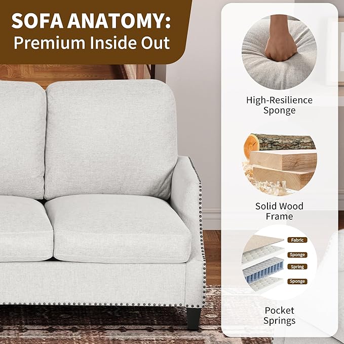 3 Piece 6-Seater Living Room Sofa Set Modern Upholstered 3-Seater Sofa Loveseat &amp Armchair Handmade Nailhead Trim Ergonomic Deep-Seat Couch for Living Room Bedroom Apartment Beige