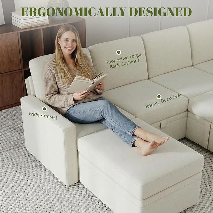 Chenille L Shaped Sofa Couch with Ottoman7 Seater Modular Sectional Sofa with StorageModern Corner Couch BedConvertibe Pullout Sleeper Sofas for Living Room (Chenille Beige 7 Seater)