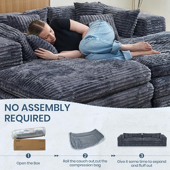 Belffin Plush Corduroy Boneless Cloud Couch with Deep Seat Convertible Sleeper Sofa Bed Cloud Boneless Sectional Couch No Assembly Required. Grey Sofa