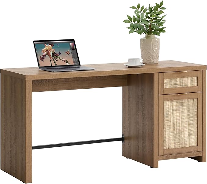 SICOTAS Rattan Executive Desk with Storage 59 Boho Home Office Desk with Cabinets and Drawers Large Computer Table Vanity Desk for Office Study Living Room Oak