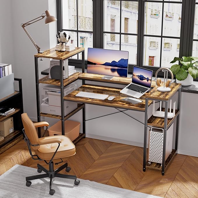 63-Inch Office Desk with Storage Shelves Computer Desk Home Desk with Monitor Stand for Study Writing PC Work Gaming Rustic Brown
