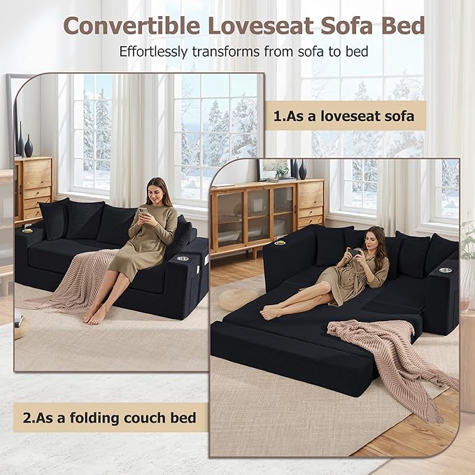 76 Convertible Sofa Bed 3-in-1 Loveseat Folding Couch with Cup Holder &amp Pocket Corduroy Boneless Pull-Out Sofa with 5 Pillows Deep Seat Futon for Living Room Apartment No Assembly Needed Bl