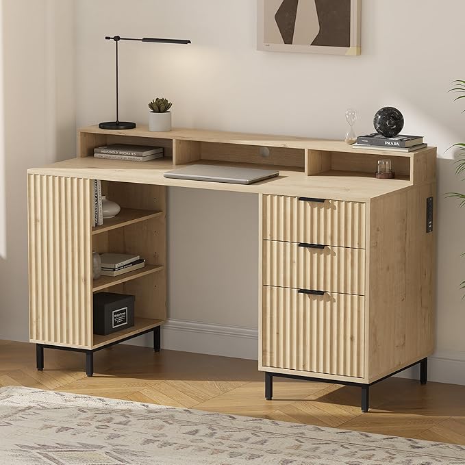55 Fluted Executive Desk with Charging Station Modern Wood Home Office Desk with with Storage Shelf &amp File Drawer Writing Study Computer Table for Work Study Light Oak