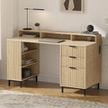 55 Fluted Executive Desk with Charging Station Modern Wood Home Office Desk with with Storage Shelf &amp File Drawer Writing Study Computer Table for Work Study Light Oak
