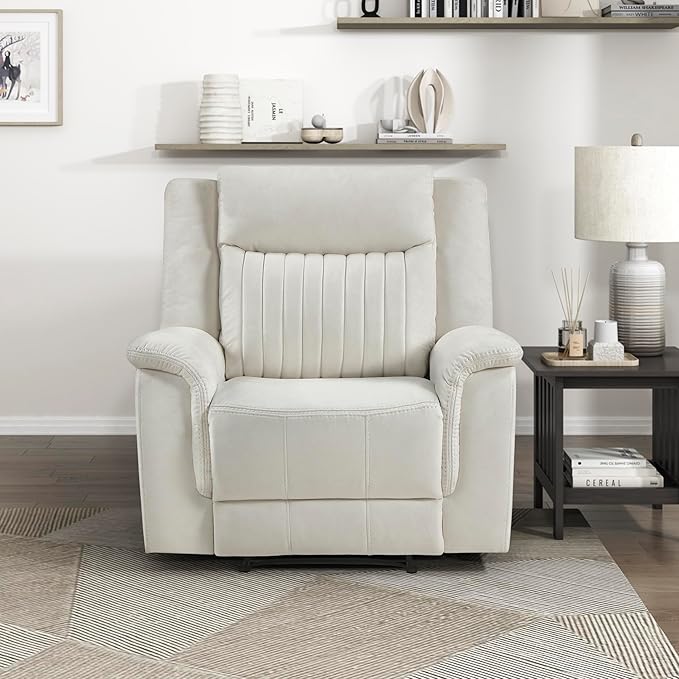 Lexicon Manual Recliner Chair Polished Microfiber Reclining Sofa Chair Home Theater Seating Wall Hugger Manual Recliner for Living Room/Office/Apartment Beige
