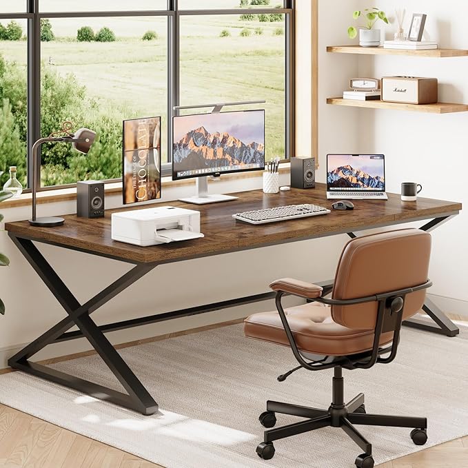 IBF Rustic Large Desk for Home Office 78.7 Extra Long Computer Desk Wood Metal Wide Work Desk for Study Writing Farmhouse Dual Monitor Workstation Gaming Desk Computer Table Rustic Brown